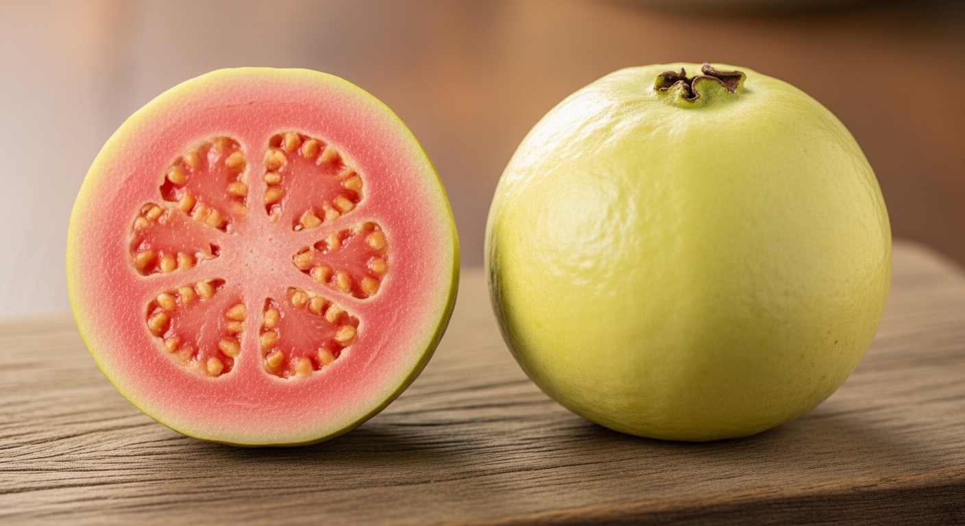 Hình ảnh ổi ruột hồng và ổi ruột trắng đặt cạnh nhau giúp phân biệt và lựa chọn theo mục đích làm đẹp da.