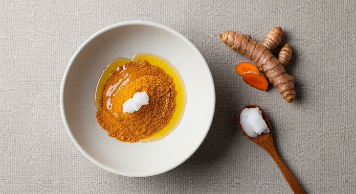 Cận cảnh bát sứ chứa bột nghệ và dầu dừa, minh họa cách dùng củ nghệ cho tóc để ngừa rụng và chăm sóc da đầu.