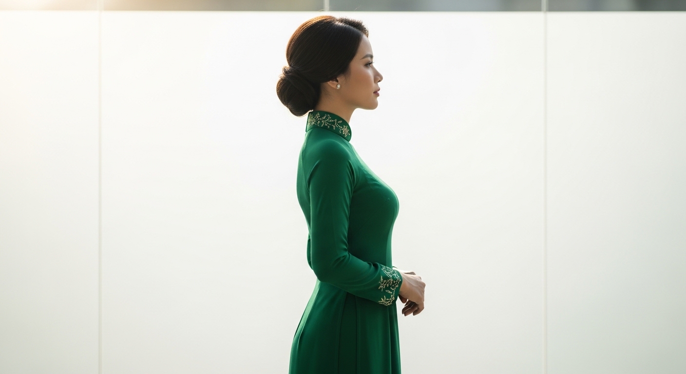 Một người phụ nữ mặc áo dài đang đứng với lưng thẳng, vai mở rộng, thể hiện vóc dáng thanh thoát và tự tin.