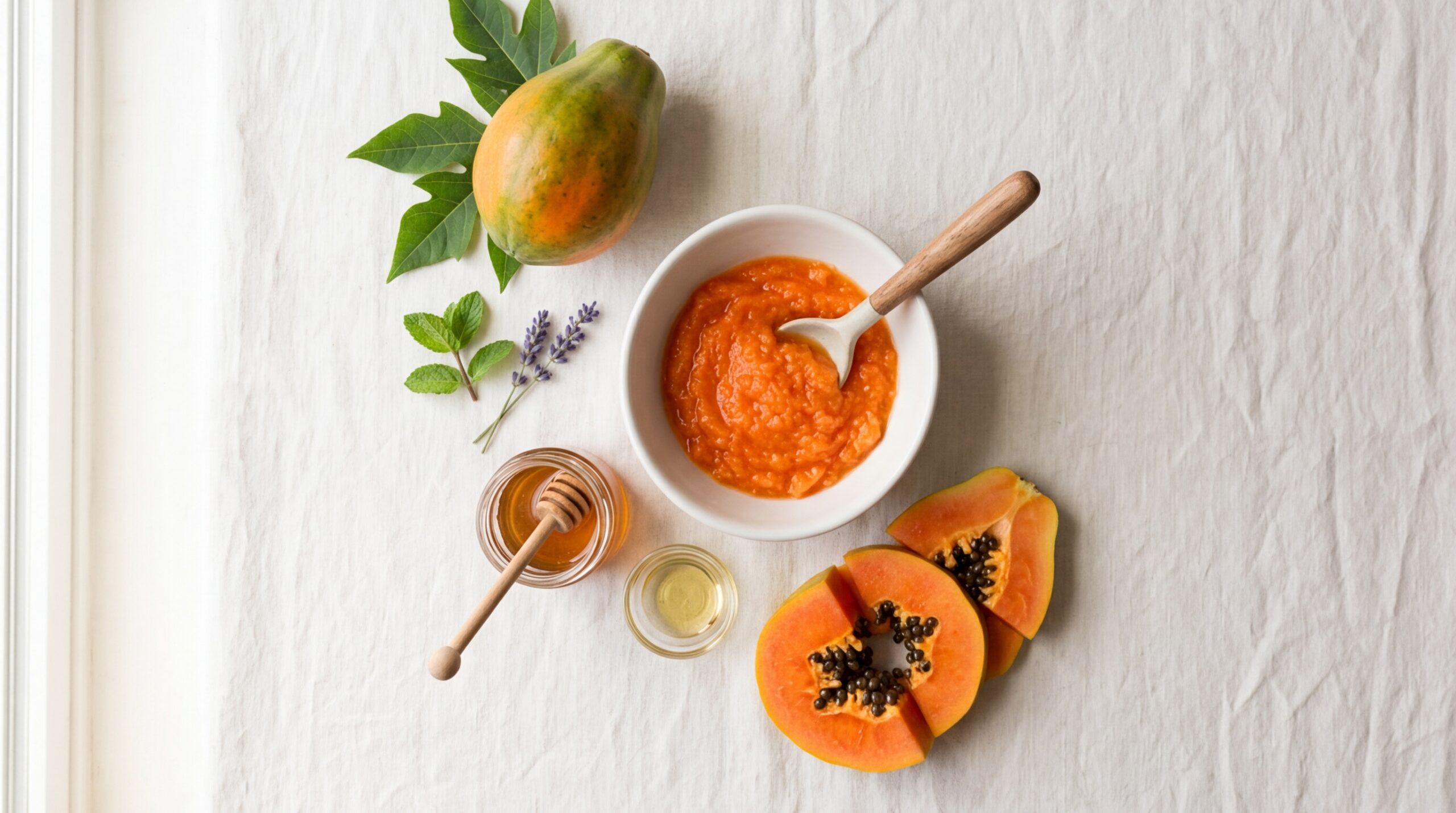 Nguyên liệu làm mặt nạ đu đủ cho da mụn gồm đu đủ tươi cắt lát và hỗn hợp đã xay nhuyễn trong bát nhỏ trên nền sáng.