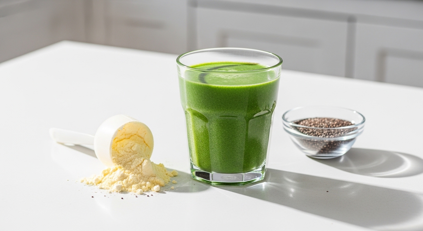 Một ly sinh tố giàu protein màu xanh lá được đặt trên bàn bếp sáng sủa, bên cạnh là một muỗng bột protein và hạt chia.