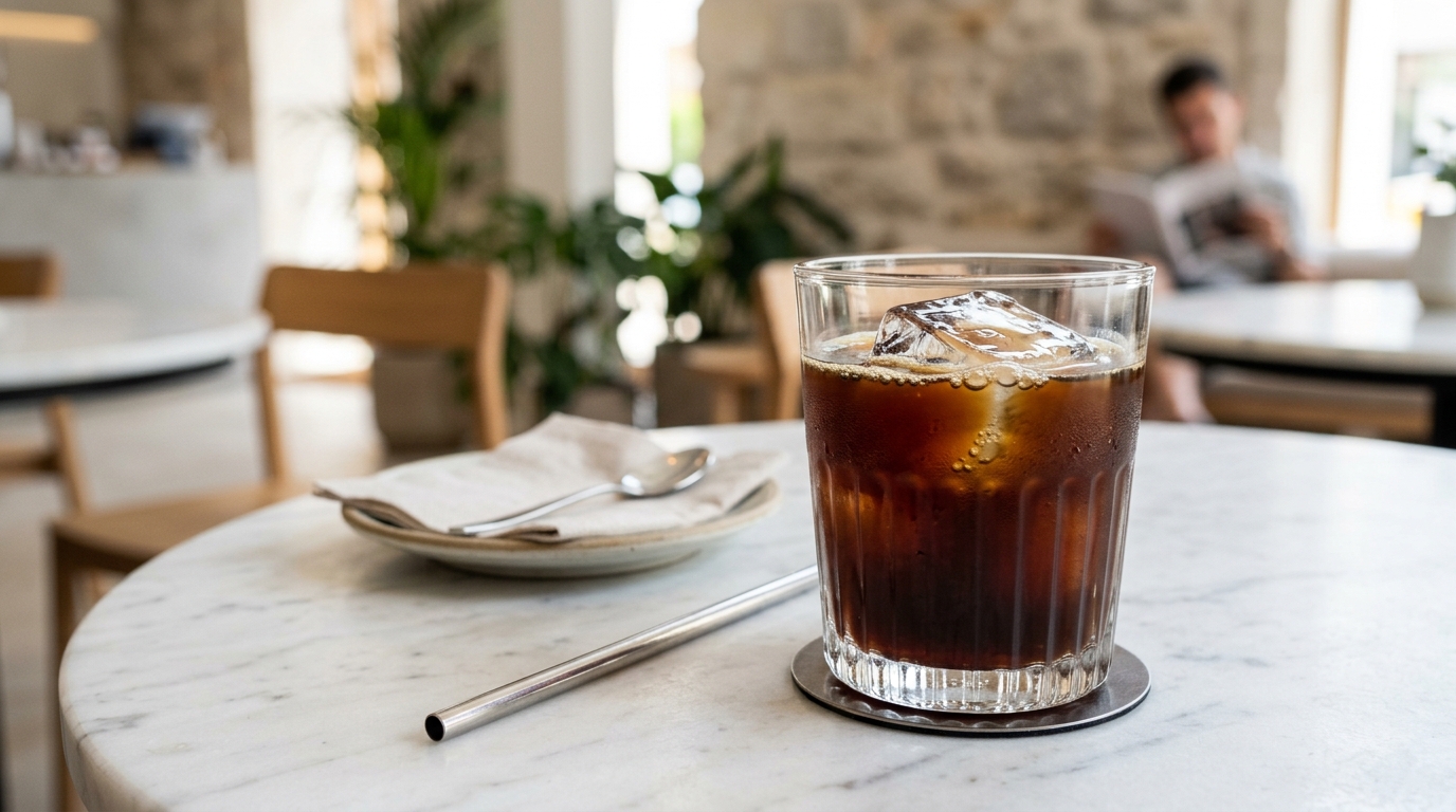 Một ly cà phê đen không đường trong cốc thuỷ tinh, minh họa cho cách uống cà phê lành mạnh giúp tăng trao đổi chất và không tích mỡ.