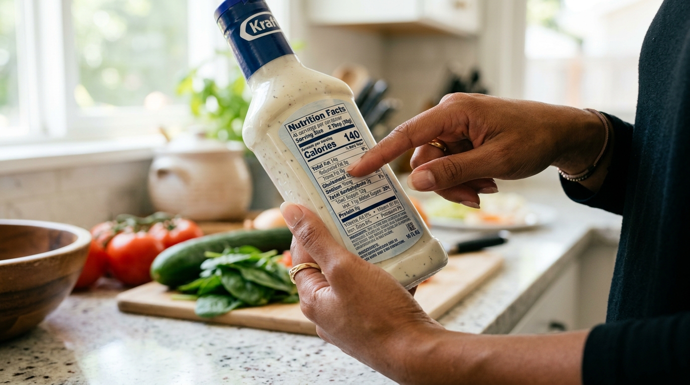 Cắt Đường Giảm Mỡ Bụng: Cơ Chế Khoa Học & Lợi Ích Kép Cho Da 7 Một người đang đọc kỹ nhãn dinh dưỡng trên chai nước sốt cà chua, một trong những cạm bẫy chứa đường ẩn phổ biến.