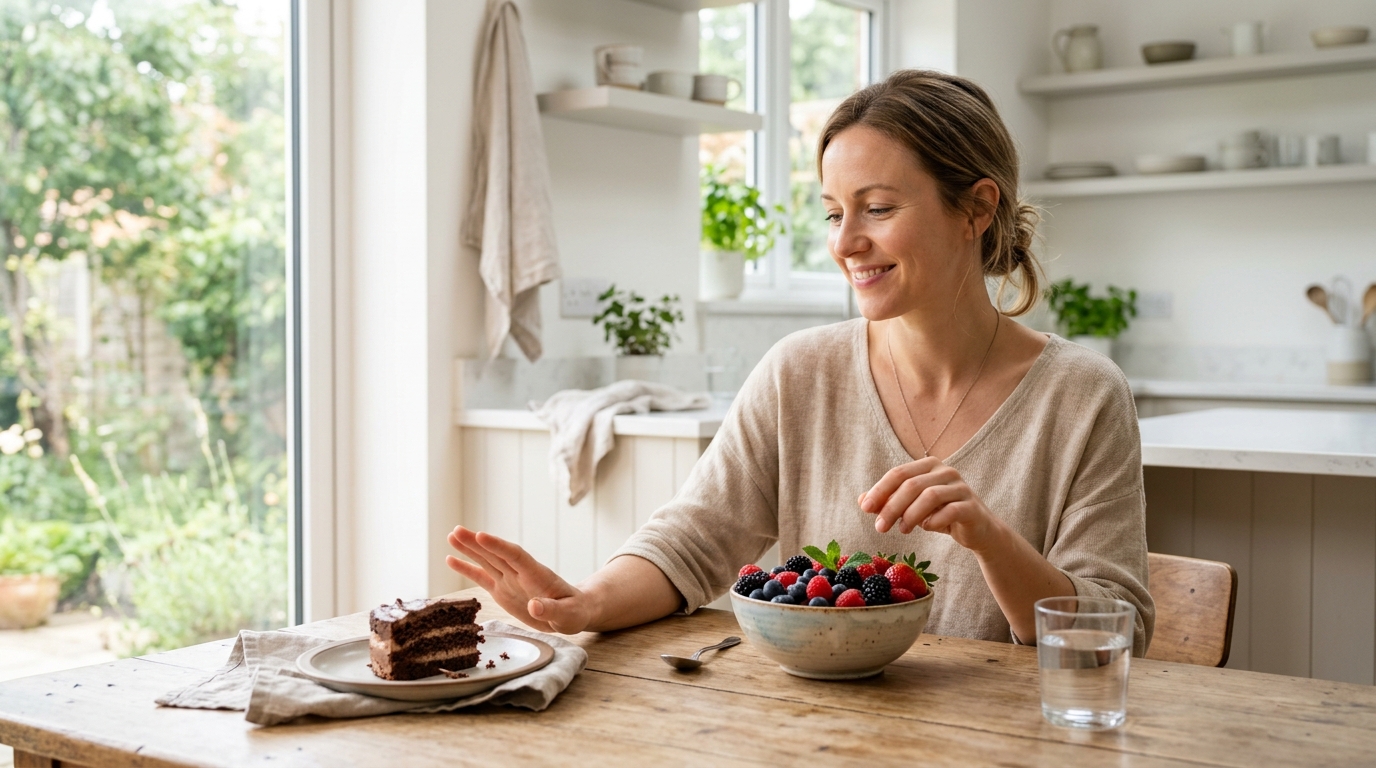 Người phụ nữ từ chối bánh ngọt, minh họa cho việc cắt đường giảm mỡ bụng để có vóc dáng thon gọn và làn da khỏe mạnh.