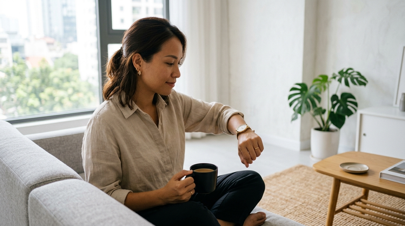 Một phụ nữ thanh lịch đang xem đồng hồ để chọn thời điểm uống cà phê giảm cân, giúp tối ưu hoá quá trình trao đổi chất trong ngày.