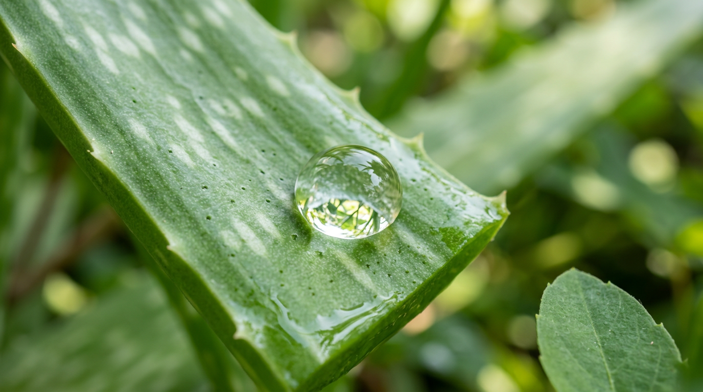 Ảnh macro giọt nước tinh khiết đọng trên bề mặt lá lô hội xanh mướt, minh họa cho cơ chế hút ẩm tự nhiên của gel lô hội cho da.