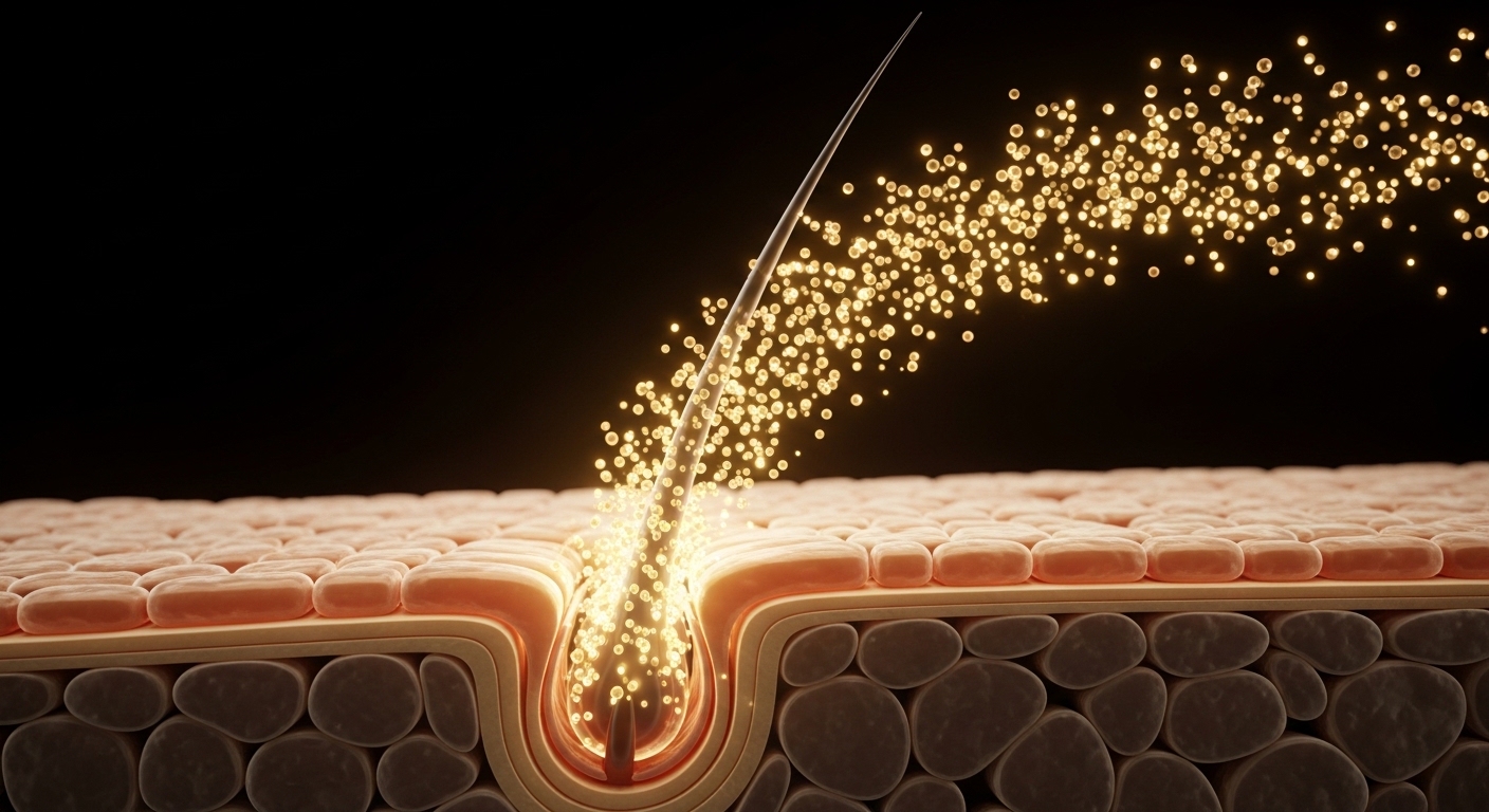 Hình ảnh mô phỏng hợp chất curcumin đang tác động và phục hồi các tế bào nang tóc bị hư tổn ở cấp độ vi mô.