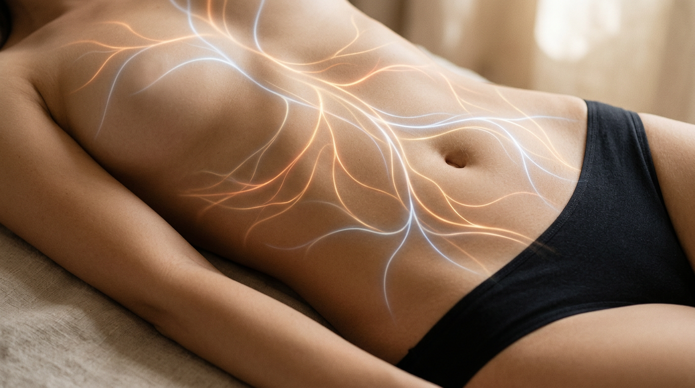 Hình ảnh mô phỏng tác động của massage lên hệ bạch huyết và tuần hoàn máu vùng bụng, giúp thải độc và giảm tích nước.