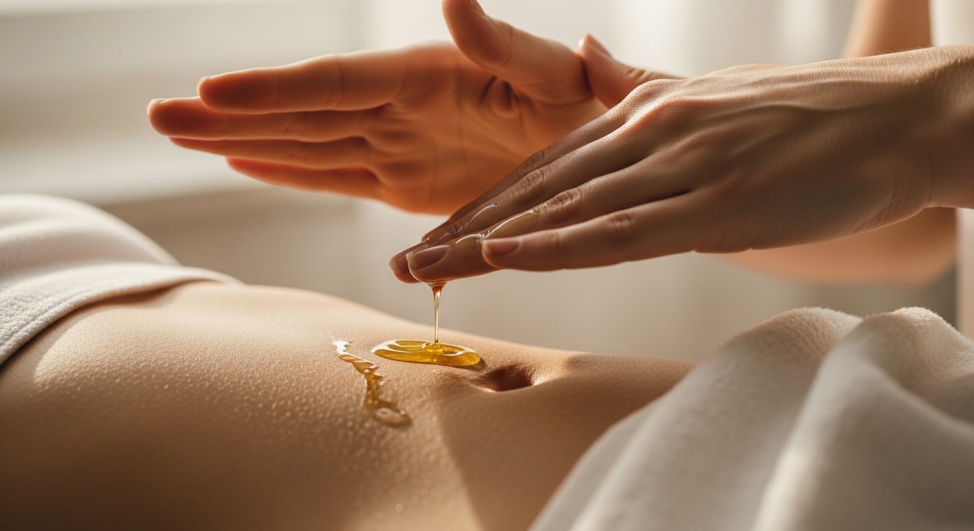 Sự Thật về Massage Giảm Mỡ Bụng: Cơ Chế Khoa Học & 5 Bước Đúng 6 Cận cảnh bàn tay đang xoa dầu lên vùng bụng, minh họa cho việc massage giúp làm mềm mô mỡ và tăng cường lưu thông máu.