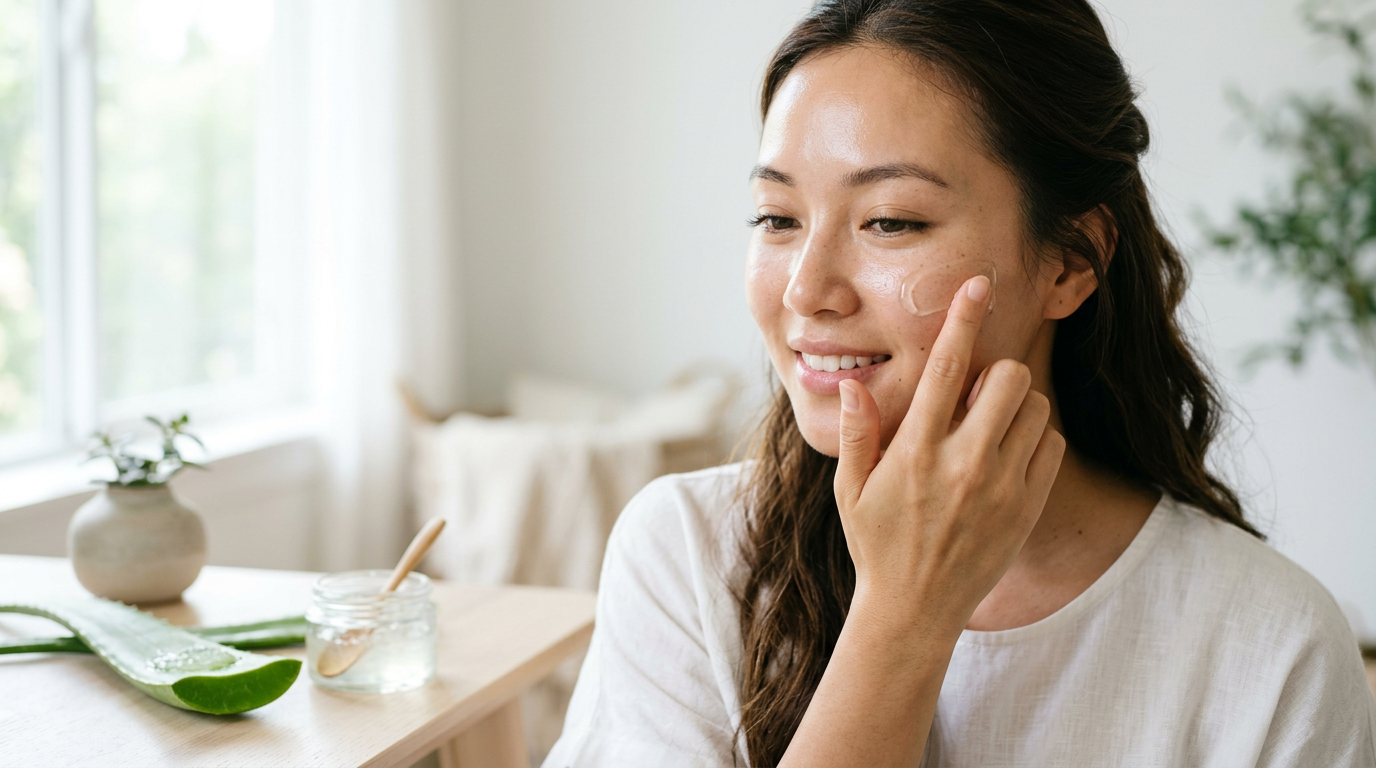 Hình ảnh một người có làn da dầu dùng gel lô hội, thoa một lớp gel mỏng nhẹ, trong suốt lên vùng má để cấp ẩm mà không gây bết dính.