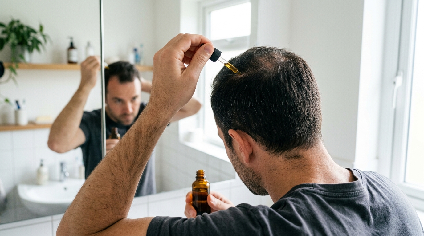 Một người đàn ông đang dùng dầu dưỡng kích thích mọc tóc cho nam, nhỏ từng giọt lên da đầu trong phòng tắm sáng sủa.