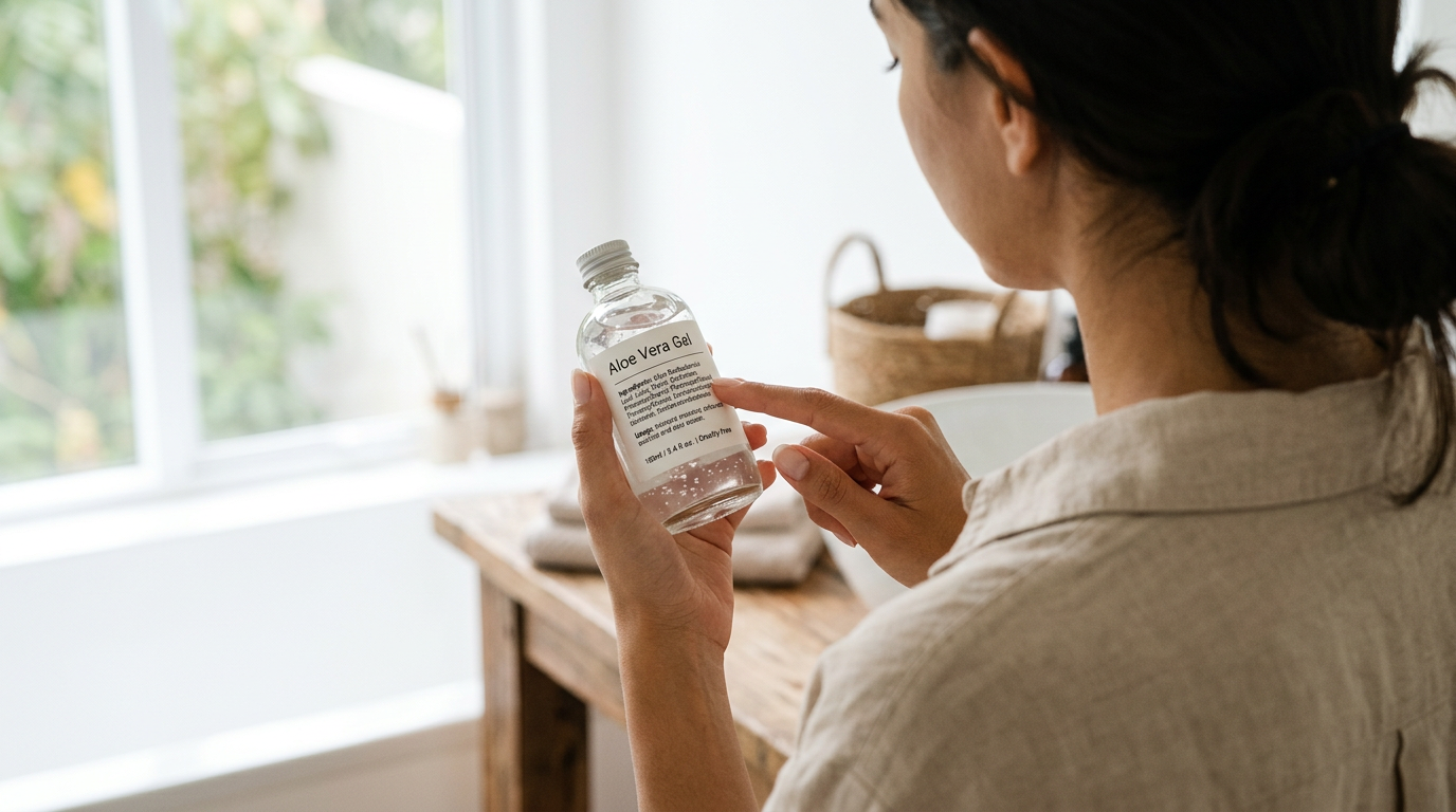 Một người đang đọc kỹ bảng thành phần ở mặt sau chai gel lô hội để tìm kiếm sản phẩm tinh khiết, không chứa cồn và hương liệu.