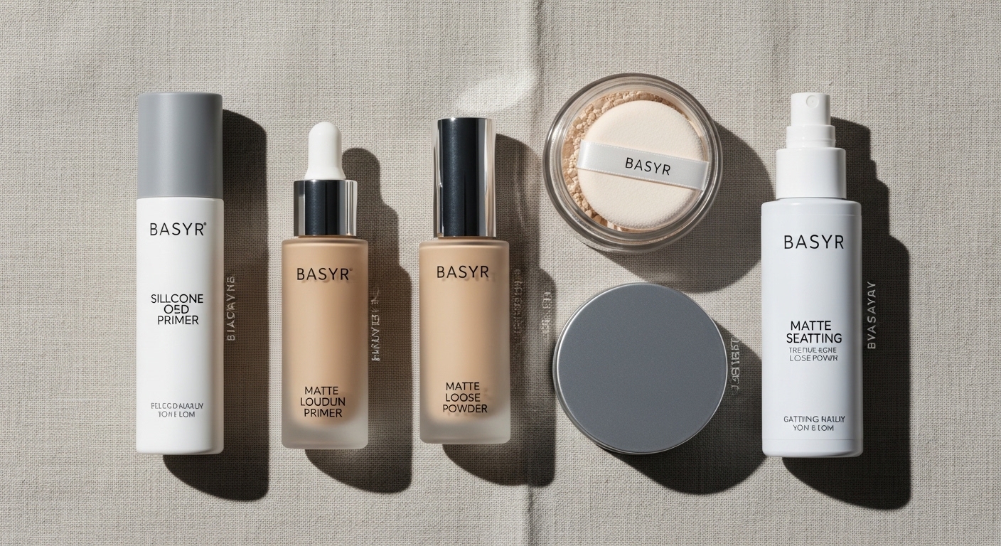Bộ sản phẩm trang điểm kiềm dầu gồm kem lót, phấn phủ bột không màu và xịt khóa nền.
