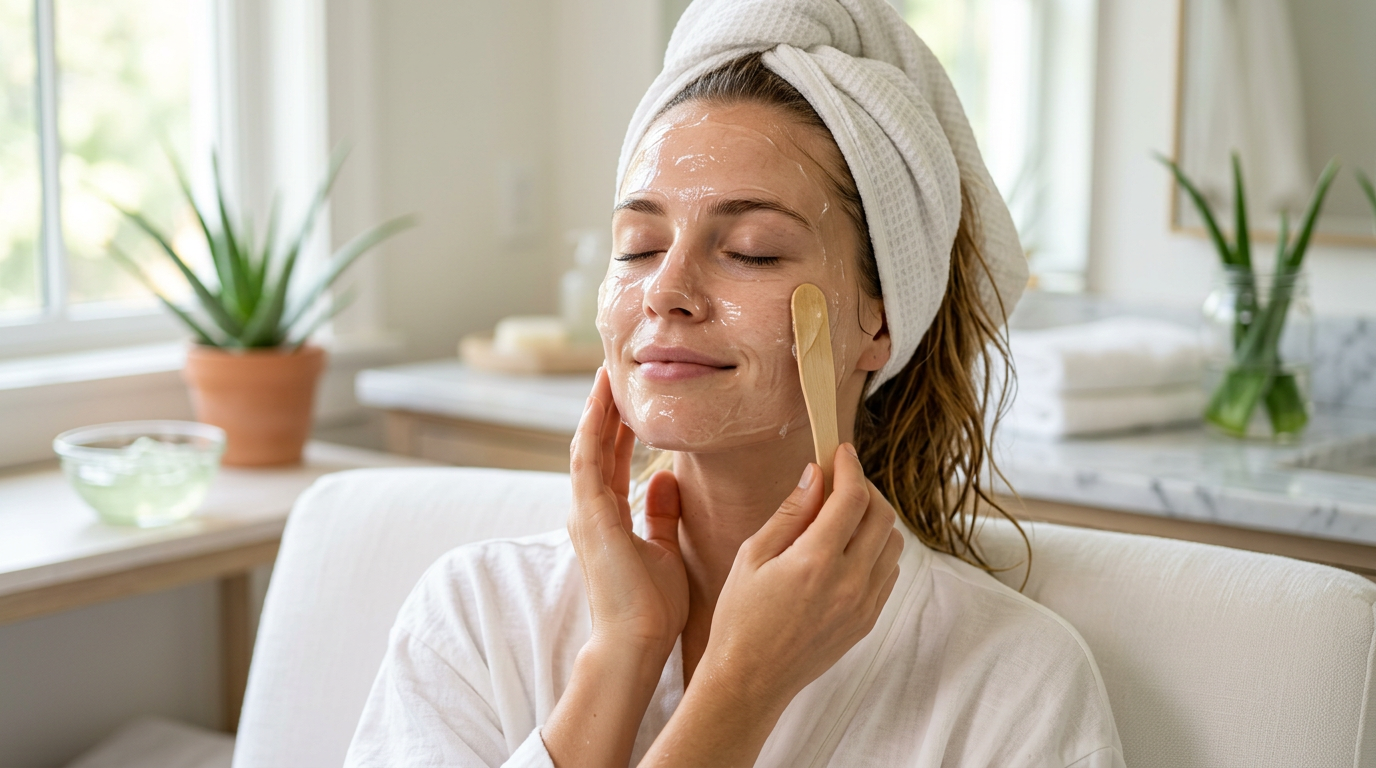 Hình ảnh một người đang thư giãn khi đắp một lớp mặt nạ gel lô hội dày và mát lạnh lên mặt để làm dịu da mẩn đỏ.