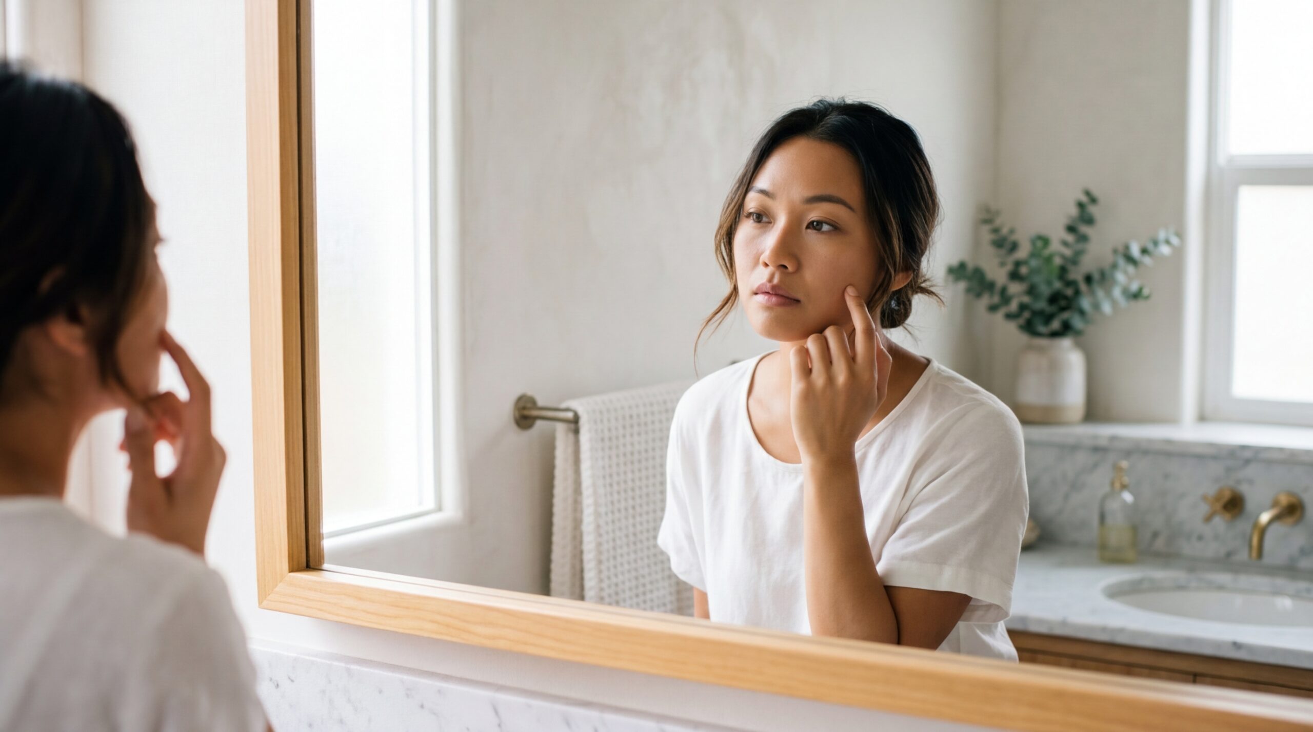 Mặt nạ đu đủ cho da mụn: Khoa học Enzyme Papain & 3 công thức 6 Một cô gái nhìn vào gương với vẻ mặt lo lắng, chạm nhẹ vào má, biểu hiện cho làn da đang bị quá tải và nhạy cảm.