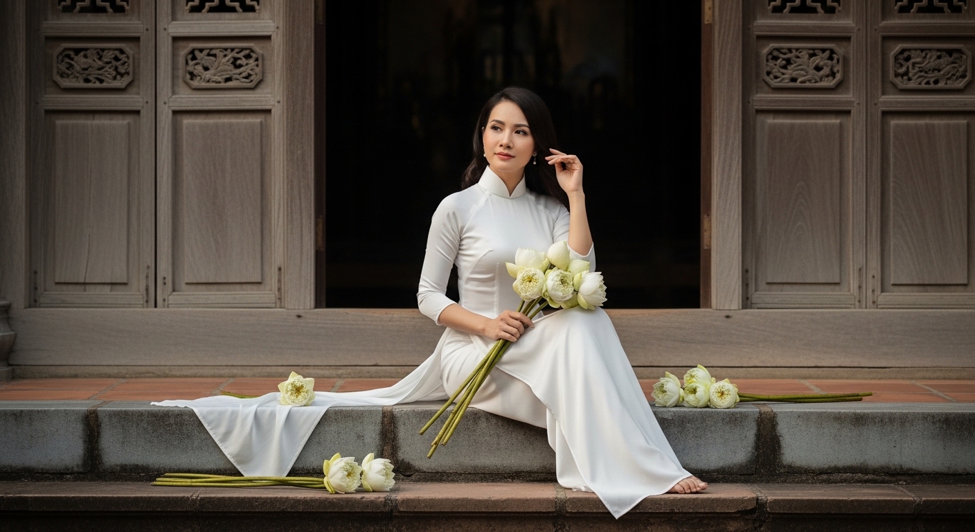 Một cô gái mặc áo dài trắng tinh khôi đang duyên dáng ngồi bên thềm, tay ôm một bó hoa sen thơm ngát.