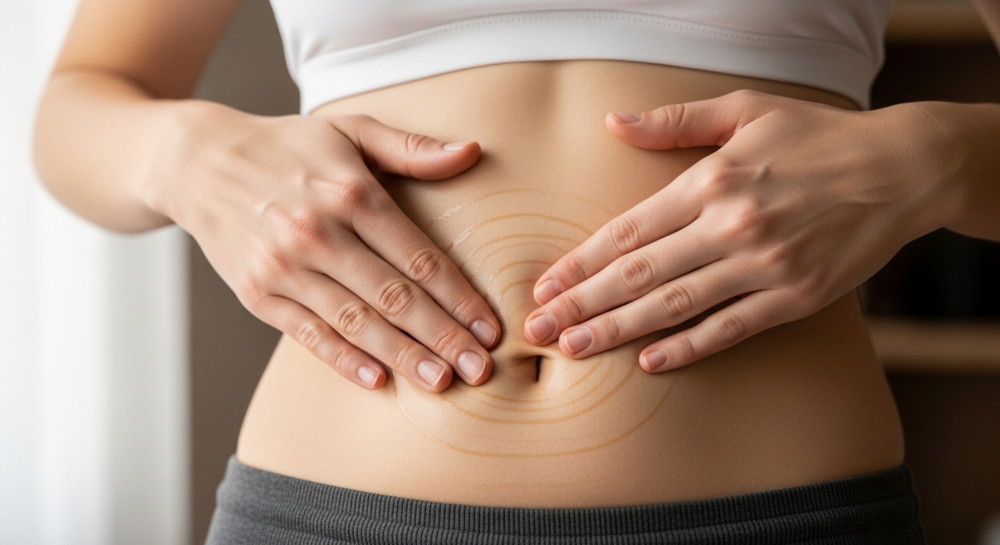 Sự Thật về Massage Giảm Mỡ Bụng: Cơ Chế Khoa Học & 5 Bước Đúng 8 Hình ảnh minh họa kỹ thuật xoay tròn quanh rốn, một trong 5 bước massage bụng giảm mỡ đúng cách tại nhà.