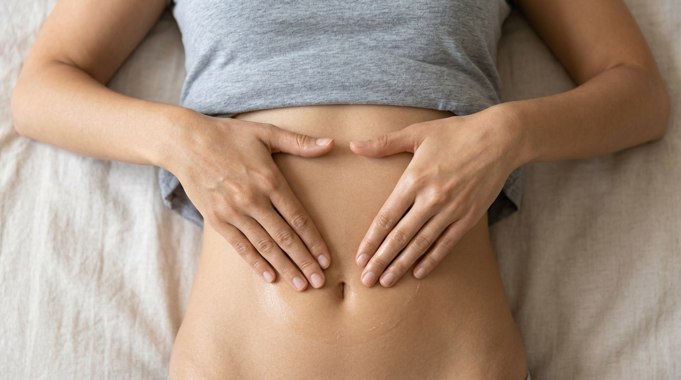 Hình ảnh cận cảnh một người phụ nữ đang thực hiện động tác xoa tròn quanh rốn theo chiều kim đồng hồ để massage bụng.