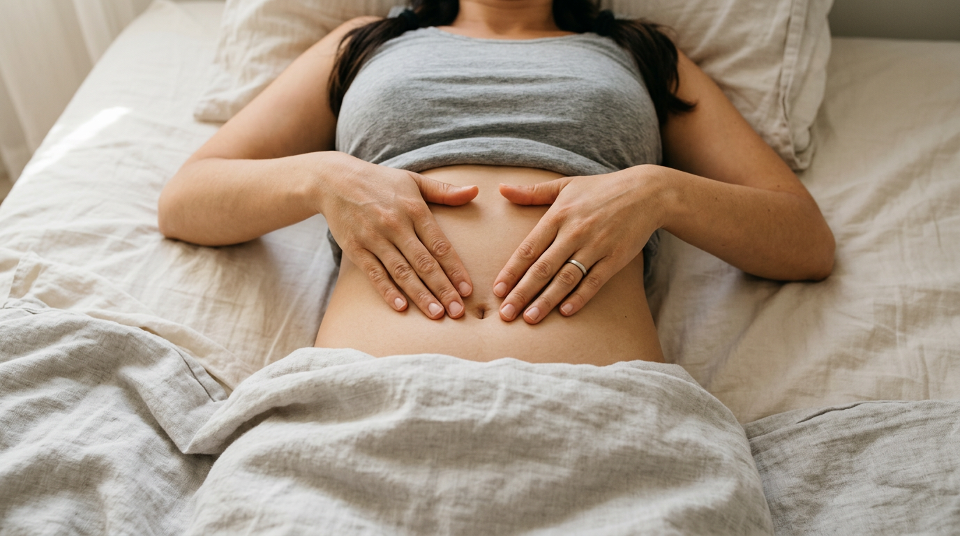 Nghệ Thuật Massage Giảm Mỡ Bụng: Khoa Học & 5 Bước Tại Nhà 6 Hình ảnh mô tả kỹ thuật xoay tròn theo chiều kim đồng hồ khi massage bụng để kích thích tuần hoàn và hệ tiêu hoá.