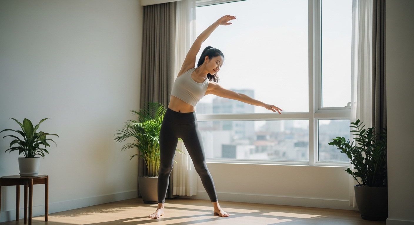 Người phụ nữ khỏe mạnh đang vươn vai trong nắng sớm, sẵn sàng cho một kế hoạch giảm mỡ toàn thân khoa học và bền vững.