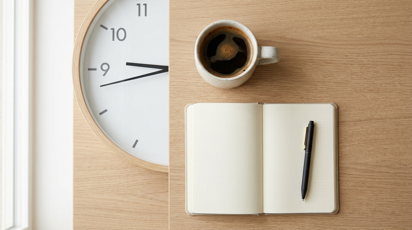 Ly cà phê đen đặt cạnh đồng hồ chỉ vào khung giờ vàng buổi sáng, minh họa cho thời điểm uống cà phê khoa học để giảm cân.