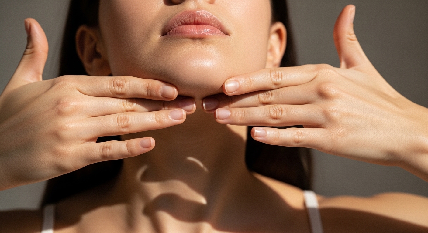 Minh họa kỹ thuật massage V-line, sử dụng khớp ngón tay miết một đường dứt khoát từ cằm lên đến dái tai.