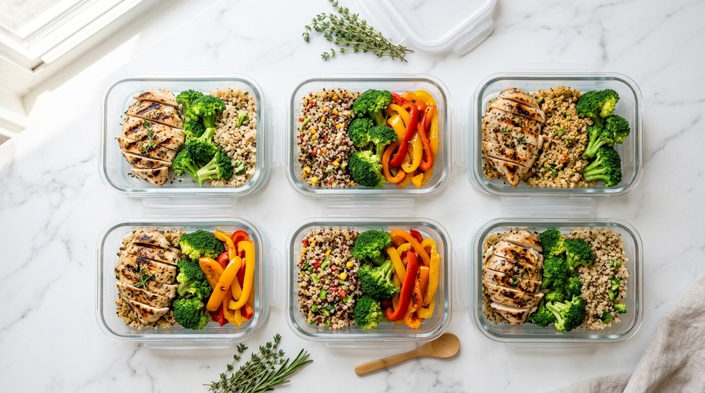 Cắt Đường Giảm Mỡ Bụng: Cơ Chế Khoa Học & Lợi Ích Kép Cho Da 8 Các hộp đựng bữa ăn được chuẩn bị sẵn với thực phẩm lành mạnh như ức gà, rau xanh và các loại hạt cho một tuần không đường.