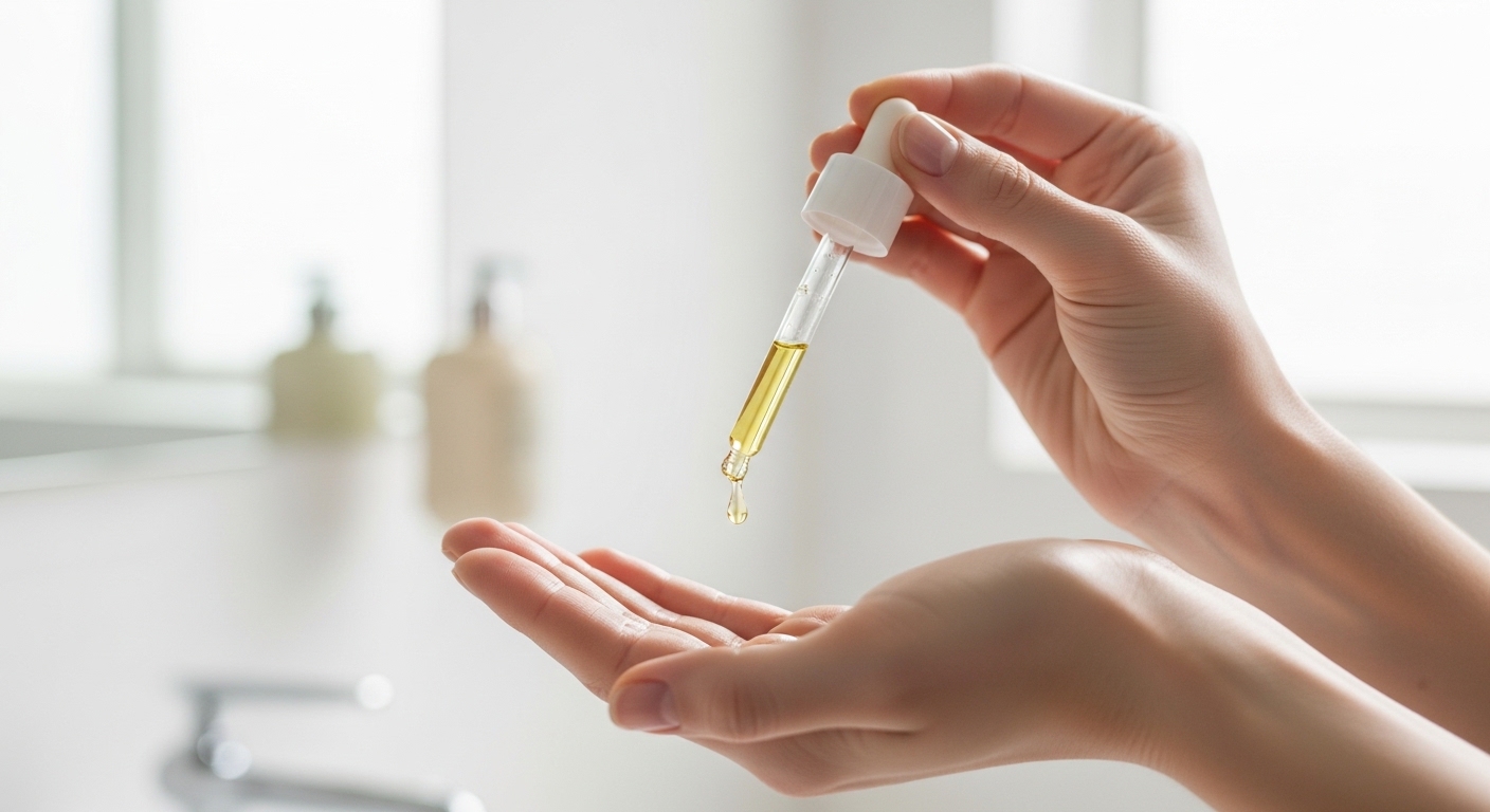 Bàn tay sạch sẽ đang nhỏ vài giọt dầu dưỡng ra lòng bàn tay, chuẩn bị cho bước massage mặt để đảm bảo độ trơn trượt.