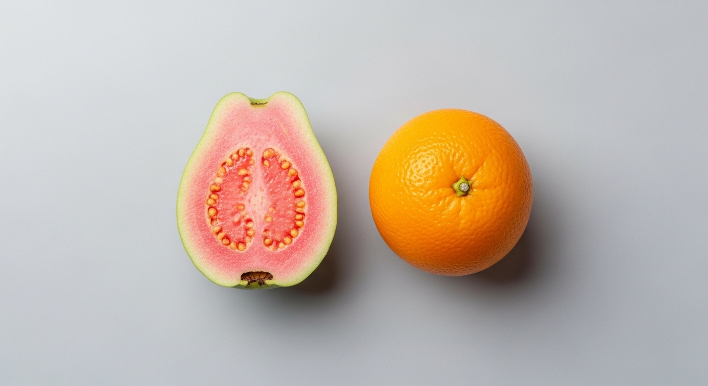 Hình ảnh so sánh một quả ổi tươi và một quả cam, nhấn mạnh hàm lượng vitamin C trong ổi cao vượt trội.