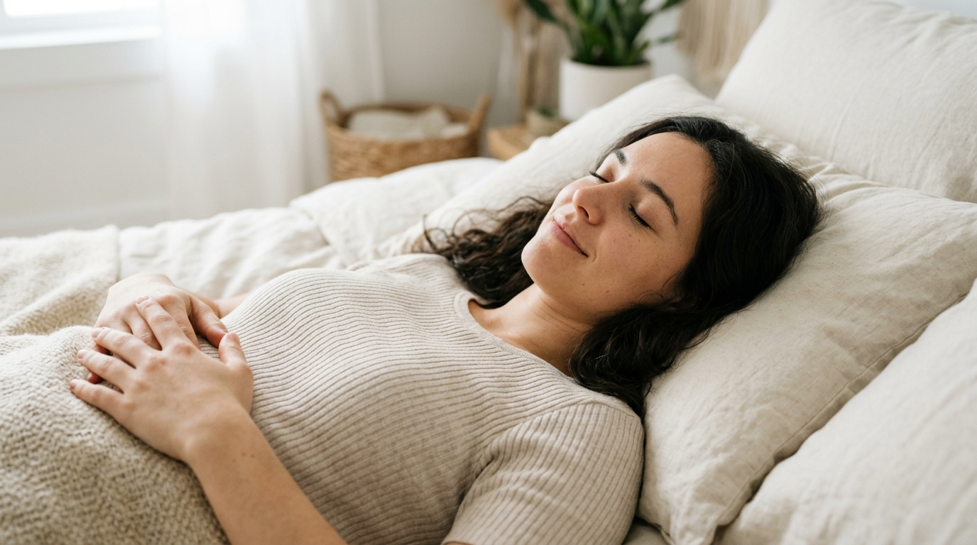 Nghệ Thuật Massage Giảm Mỡ Bụng: Khoa Học & 5 Bước Tại Nhà 5 Một phụ nữ đang nằm thư giãn với đôi mắt nhắm, tay đặt nhẹ trên bụng, thể hiện sự bình yên giúp giảm hormone căng thẳng cortisol.