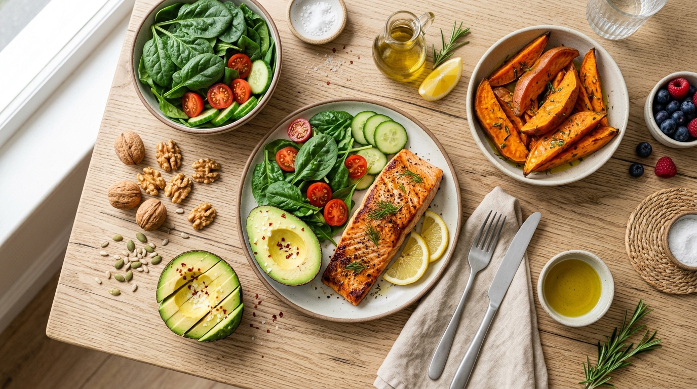 Da Khô Sần Khi Siết Dáng: 4 Chế Độ Ăn Làm Khô Da & Giải Pháp Khoa Học 8 Một mâm đồ ăn đầy màu sắc với các thực phẩm giàu axit béo và vitamin giúp nuôi dưỡng da từ bên trong, bao gồm cá hồi, bơ, và rau xanh.