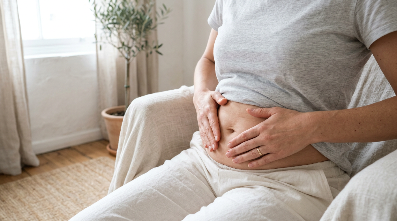 Cận cảnh bàn tay một người phụ nữ đang thực hiện các động tác massage giảm mỡ bụng tại nhà như một nghi thức chăm sóc bản thân.