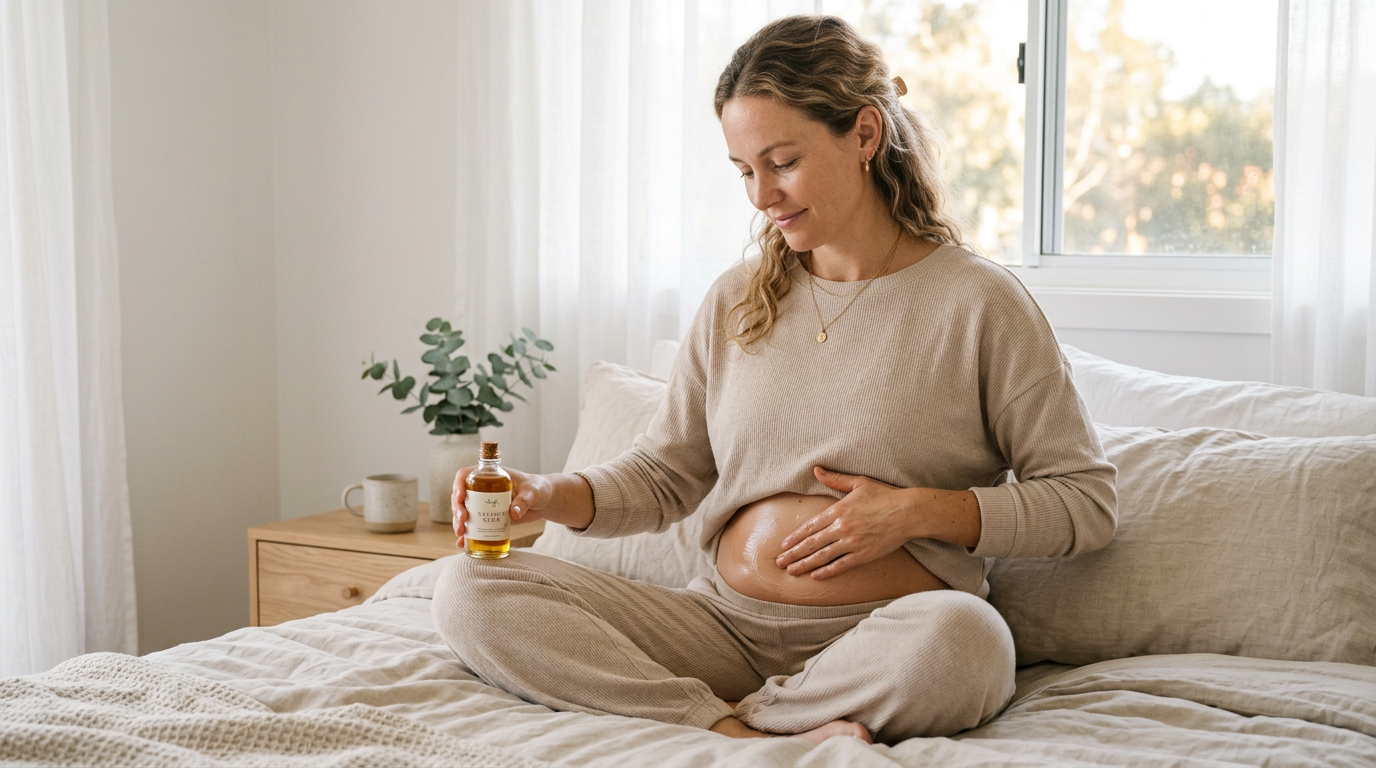 Hình ảnh một phụ nữ đang thực hiện các động tác massage giảm mỡ bụng với dầu dưỡng thể trong một không gian thư giãn tại nhà.