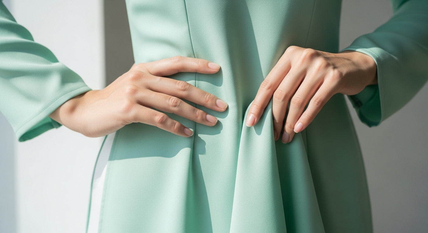 Cận cảnh đôi tay mềm mại của một người phụ nữ đang tạo dáng với áo dài, một tay đặt nhẹ lên eo, tay kia chạm hờ tà áo.