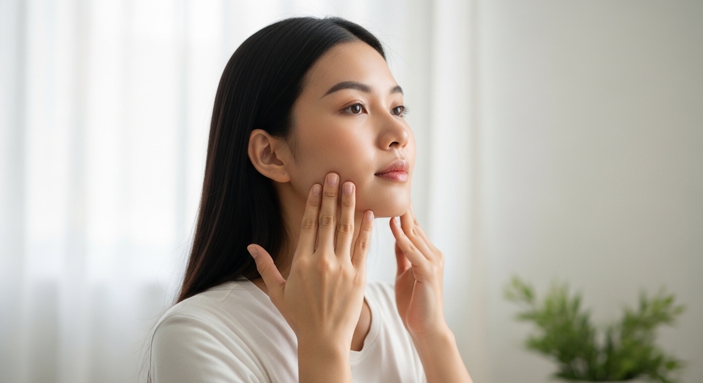 Một phụ nữ đang thực hiện kỹ thuật massage mặt thon gọn bằng tay, nhẹ nhàng vuốt dọc theo xương hàm để tạo đường nét sắc sảo.