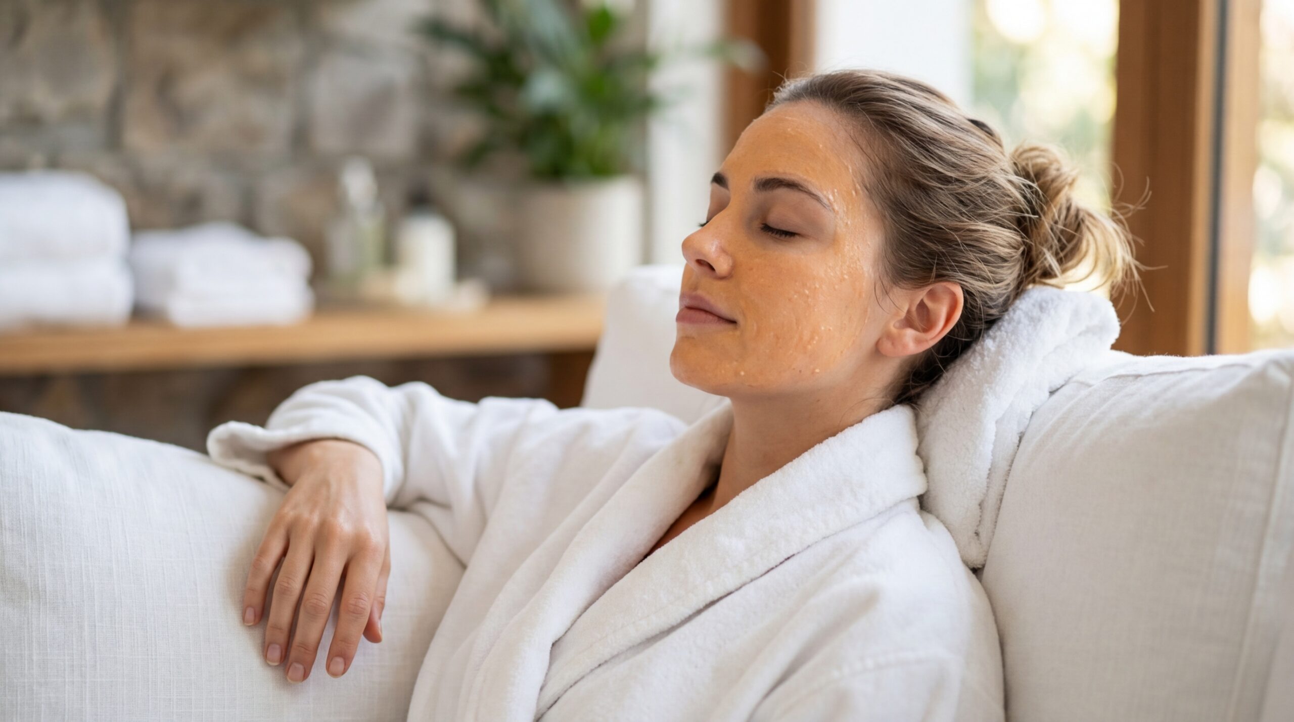 Mặt nạ đu đủ cho da mụn: Khoa học Enzyme Papain & 3 công thức 8 Một người phụ nữ đang nhắm mắt thư giãn với lớp mặt nạ đu đủ màu cam nhạt trên mặt, tận hưởng khoảnh khắc chăm sóc da.