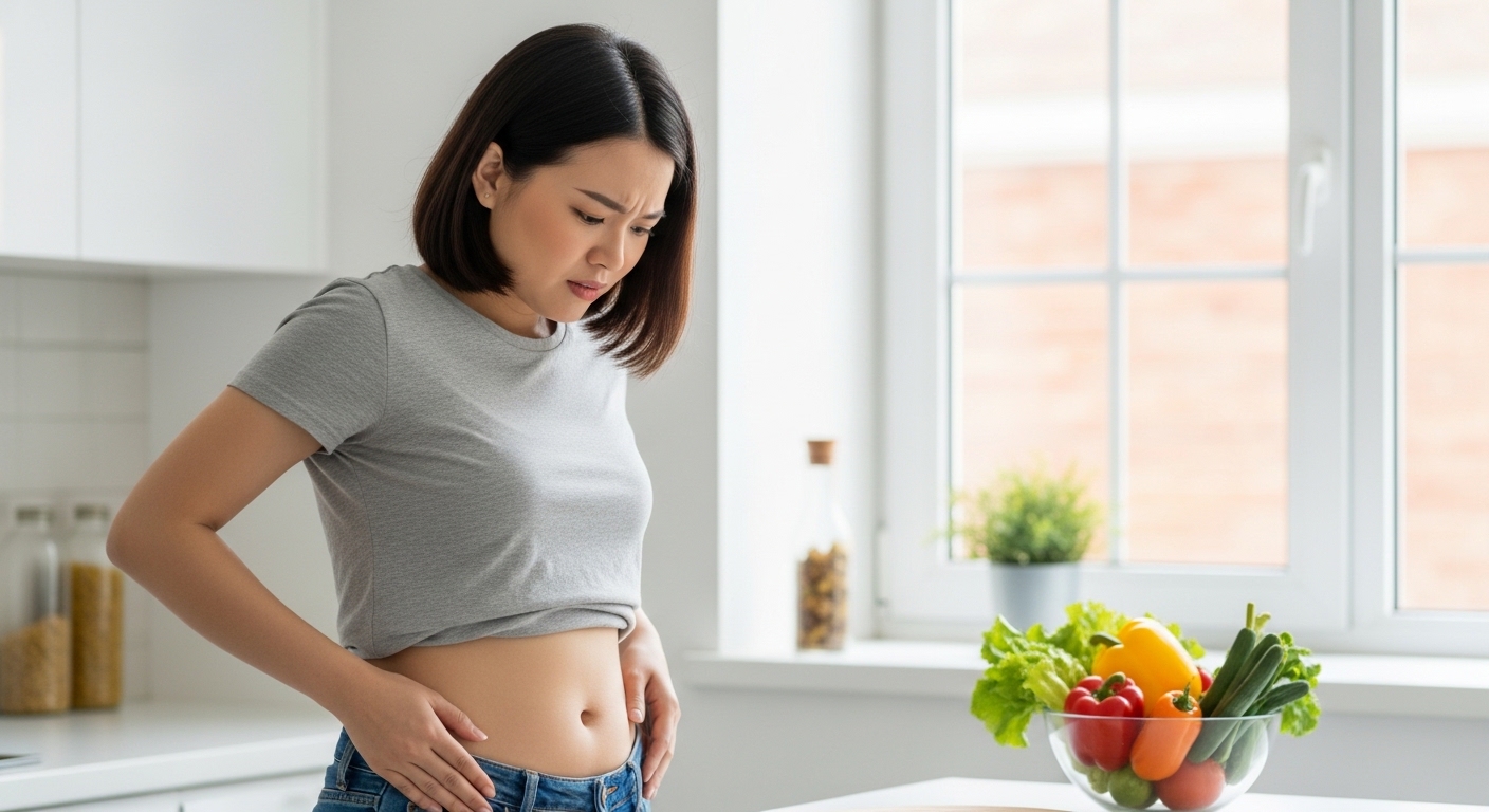 Một phụ nữ có vẻ ngoài hoang mang khi nhìn vào vòng eo của mình, minh họa cho tình trạng ăn chay tăng mỡ bụng dù đã nỗ lực.