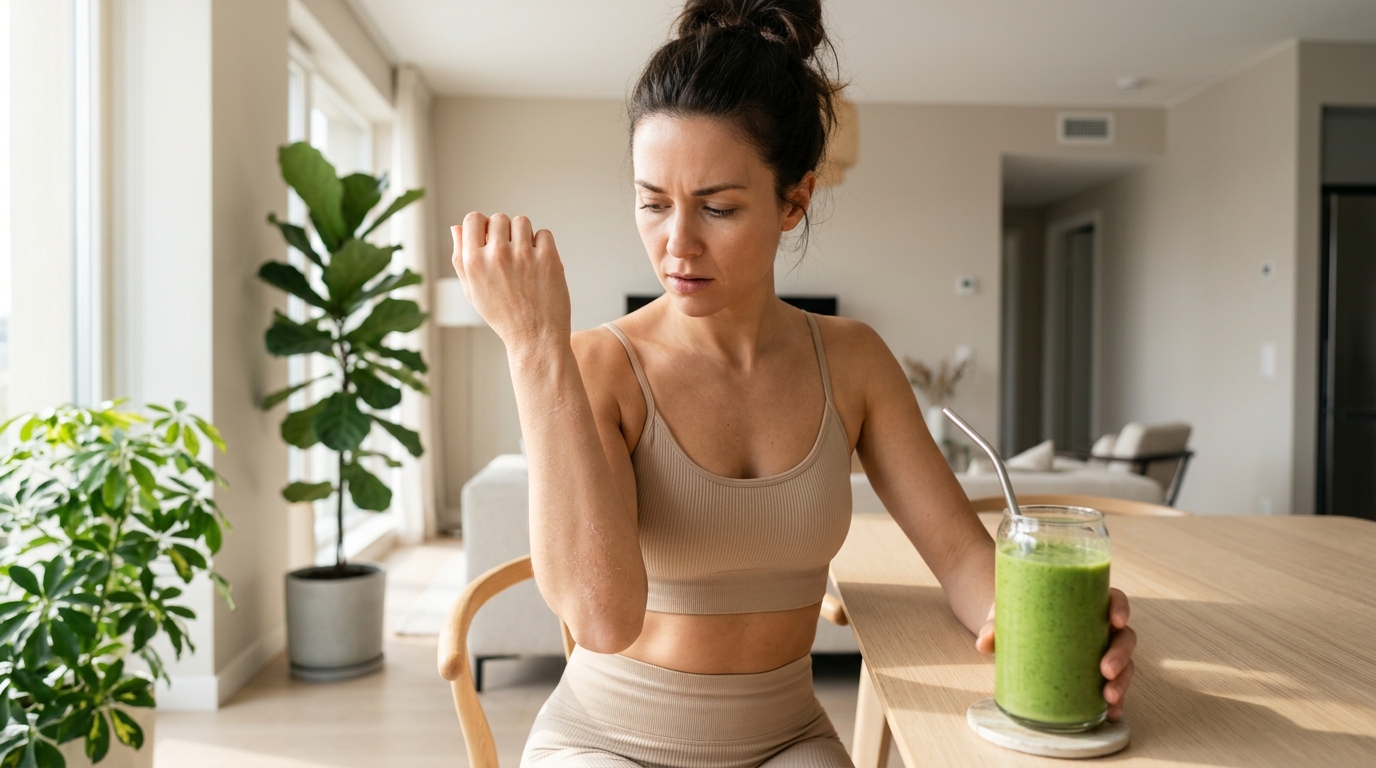 Một phụ nữ có vóc dáng cân đối đang lo lắng nhìn vào làn da khô ráp của mình, một hậu quả của chế độ ăn làm khô da không khoa học.