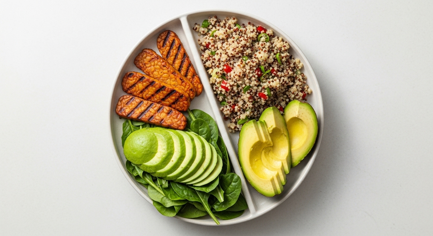 Một đĩa ăn chay được chia ba phần cân bằng: protein từ đậu phụ, carb phức hợp từ gạo lứt, và chất béo lành mạnh từ quả bơ.