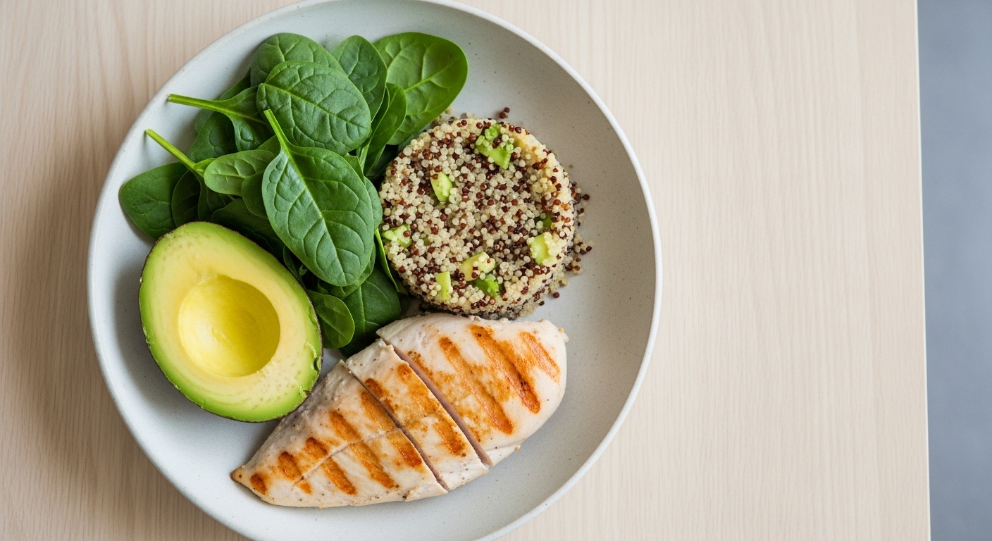 Đĩa thức ăn cân bằng dinh dưỡng với ức gà nướng, hạt quinoa và rau xanh, thể hiện nguyên tắc ăn uống lành mạnh.