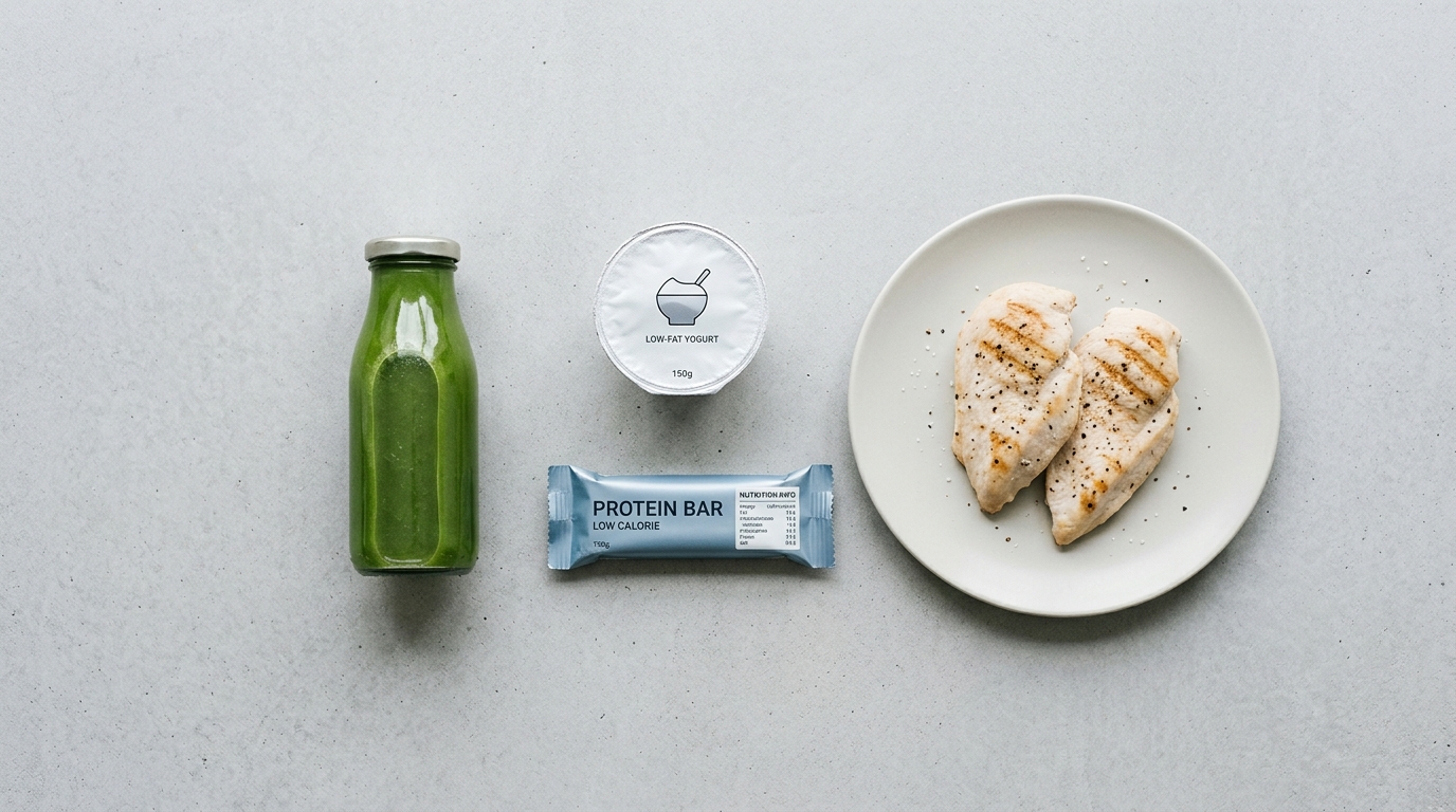 Da Khô Sần Khi Siết Dáng: 4 Chế Độ Ăn Làm Khô Da & Giải Pháp Khoa Học 6 Hình ảnh các loại thực phẩm thường thấy trong các chế độ ăn kiêng có thể gây khô da như nước ép, đồ ăn ít béo, và thanh protein.