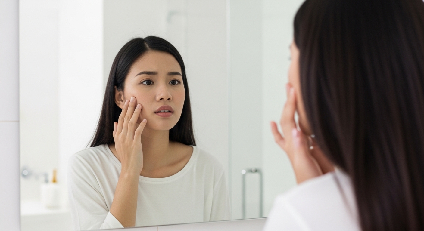 Người phụ nữ soi gương và lo lắng về các dấu hiệu già trước tuổi trên khuôn mặt, như nếp nhăn và da thiếu sức sống.