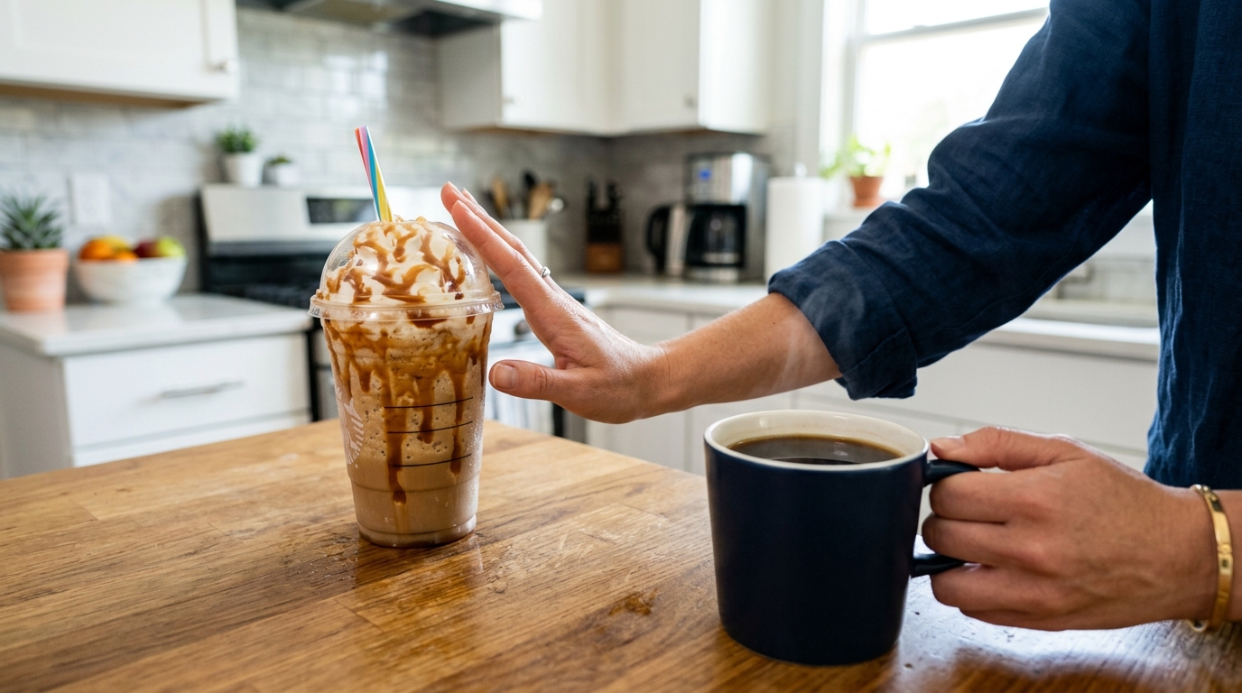 Hình ảnh ly cà phê nhiều đường và kem béo, một trong những sai lầm phổ biến khiến việc uống cà phê bị phản tác dụng khi giảm cân.