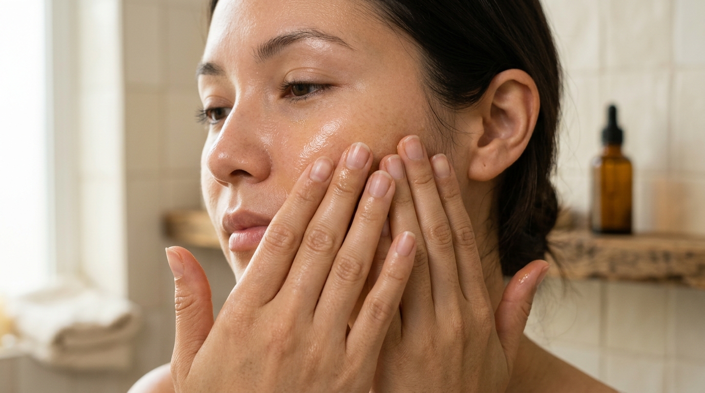 Da Khô Sần Khi Siết Dáng: 4 Chế Độ Ăn Làm Khô Da & Giải Pháp Khoa Học 7 Một người phụ nữ đang áp dụng kỹ thuật 'sandwich' với dầu dưỡng để khóa ẩm và phục hồi hàng rào bảo vệ da bị suy yếu.