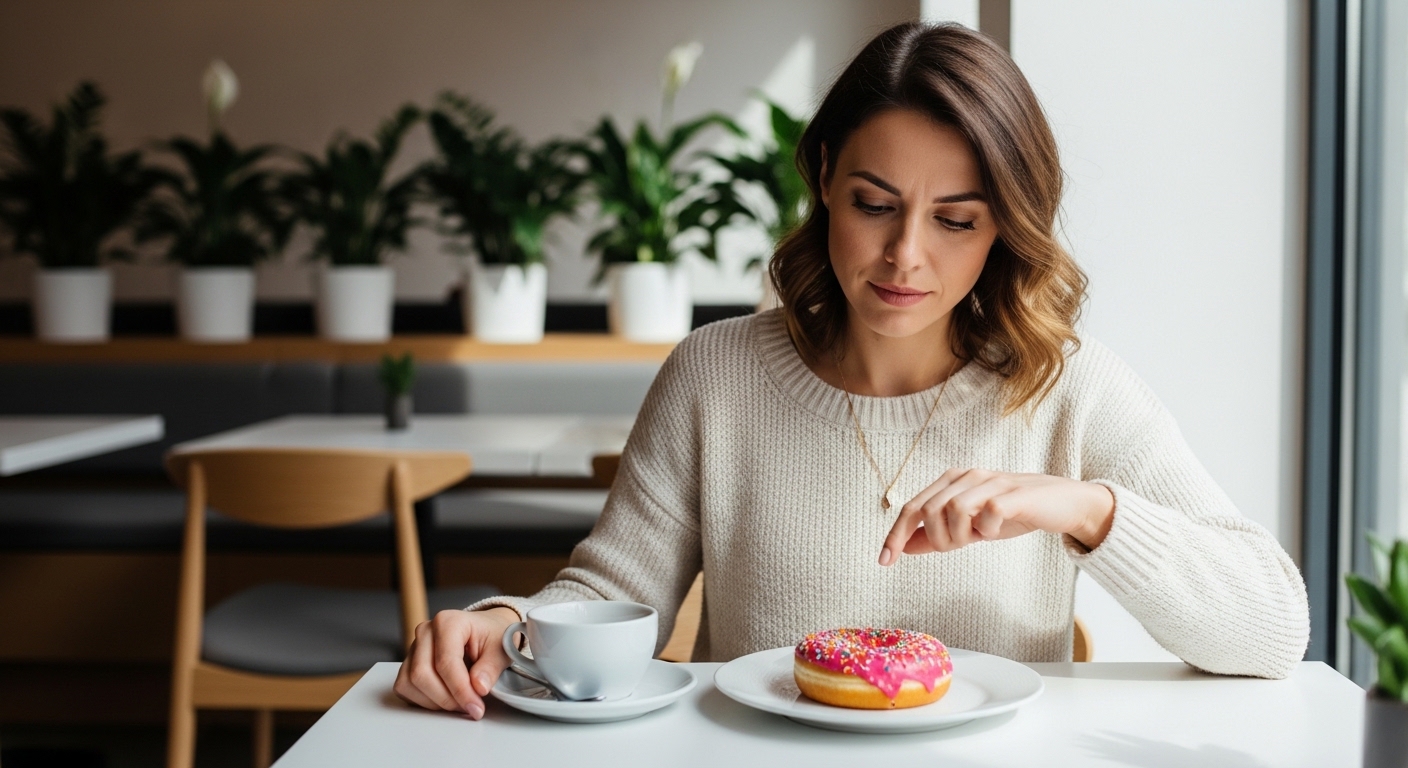 Hình ảnh minh họa sai lầm trong lối sống là tiêu thụ một chiếc bánh ngọt nhiều đường, nguyên nhân của quá trình đường hóa (glycation) gây lão hóa.