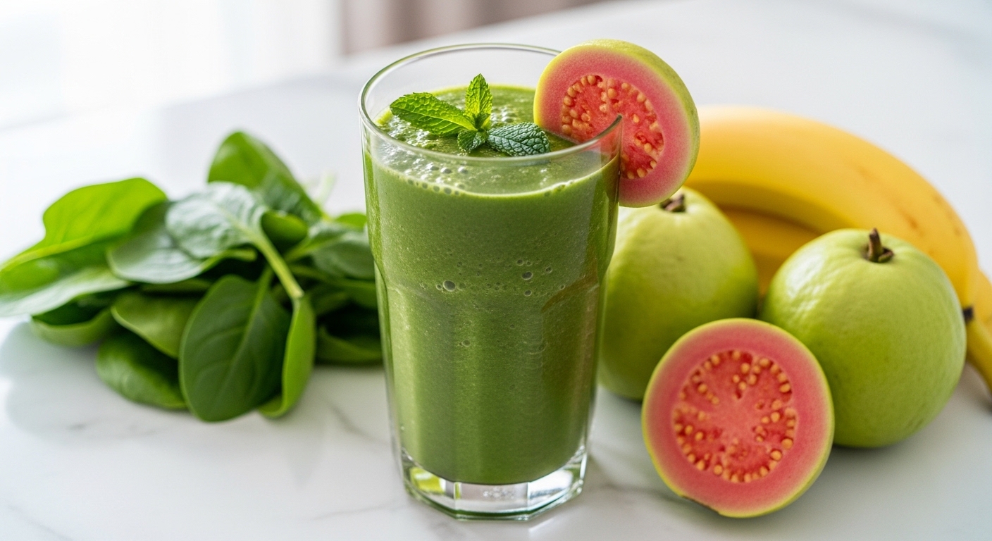 Một ly sinh tố ổi và cải bó xôi xanh mát được đặt trong bối cảnh nhà bếp sáng sủa, gợi ý một bữa phụ lành mạnh.