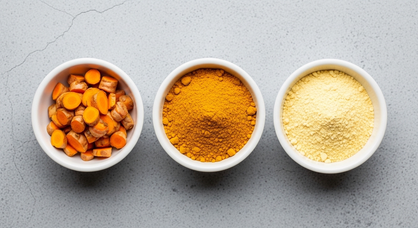 Hình ảnh so sánh nghệ tươi còn dính đất, bột nghệ màu sẫm và tinh bột nghệ vàng nhạt để thấy sự khác biệt về độ tinh khiết.