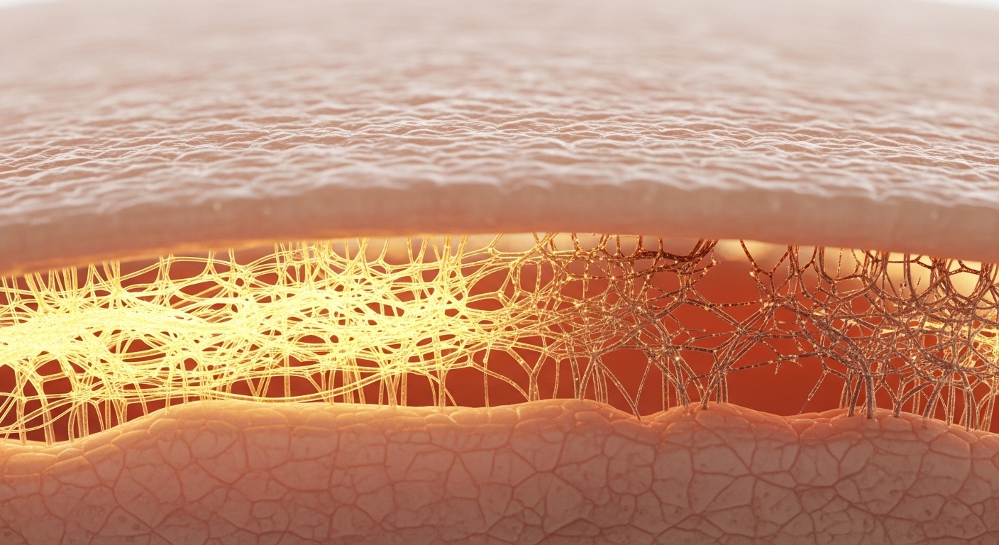 Hình ảnh minh họa cấu trúc sợi collagen và elastin bị suy yếu, là một trong những nguyên nhân khoa học gây lão hóa da từ bên trong.