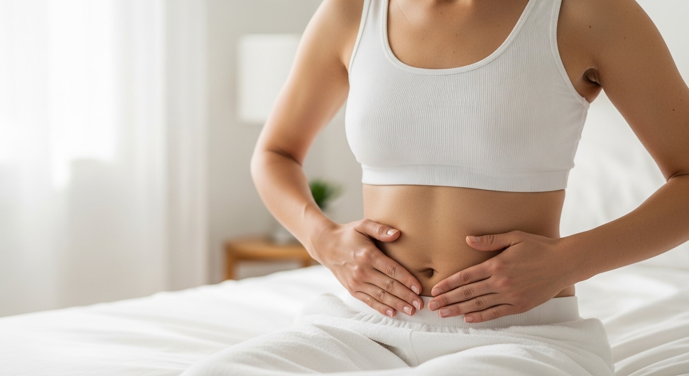 Một phụ nữ đang tự thực hiện các động tác massage giảm mỡ bụng tại nhà với biểu cảm thư giãn, thể hiện một phương pháp chăm sóc vóc dáng.