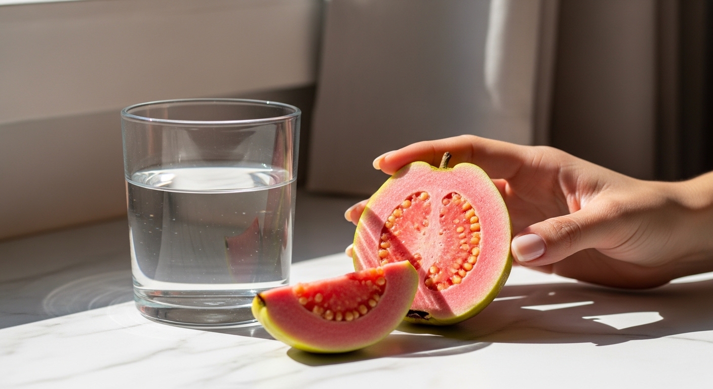 Hình ảnh cận cảnh quả ổi hồng tươi ngon, minh họa cho lợi ích của việc ăn ổi đẹp da từ bên trong.